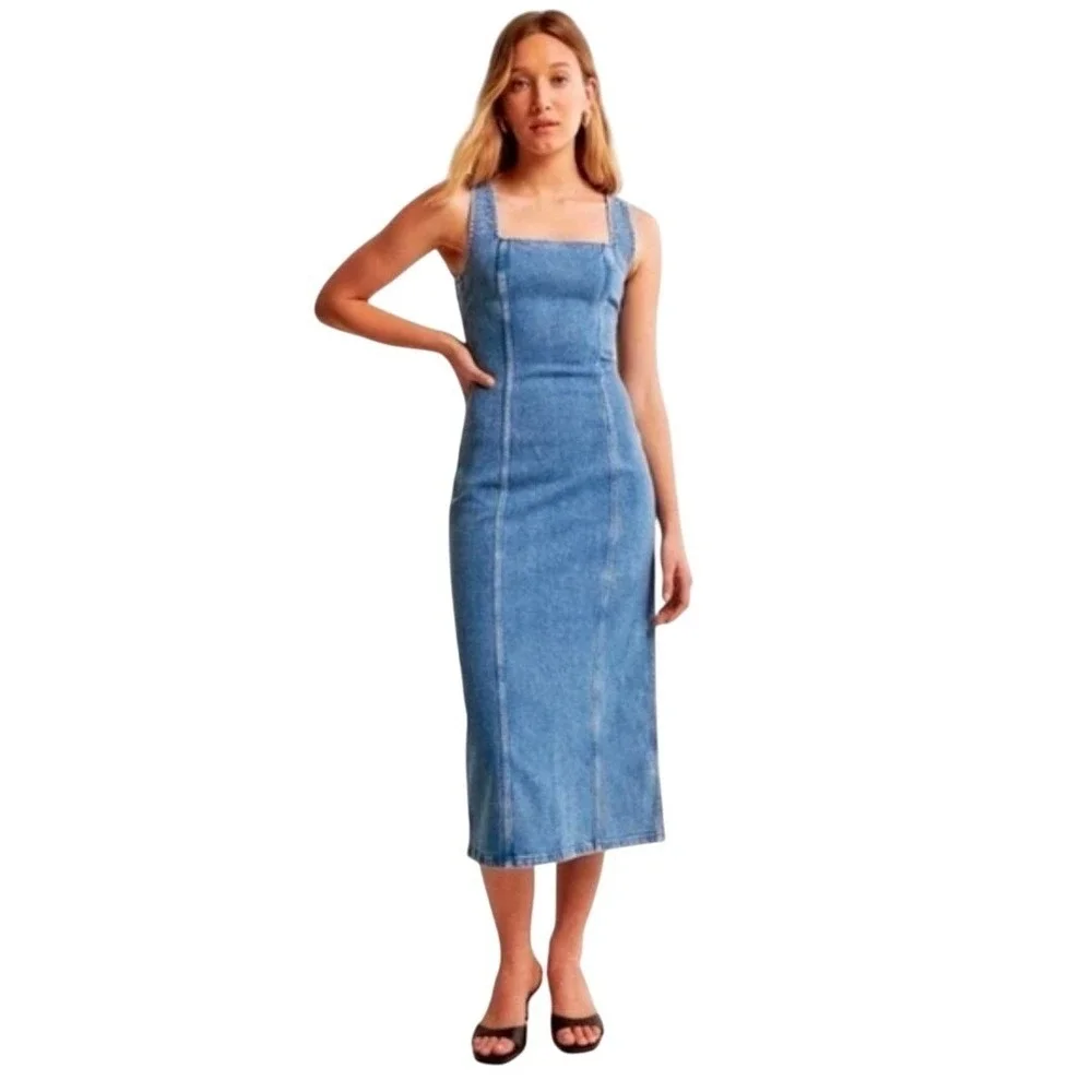 Abercrombie‎ & Fitch Denim Midi Dress Blue Square Neck XSP Petite Bodycon